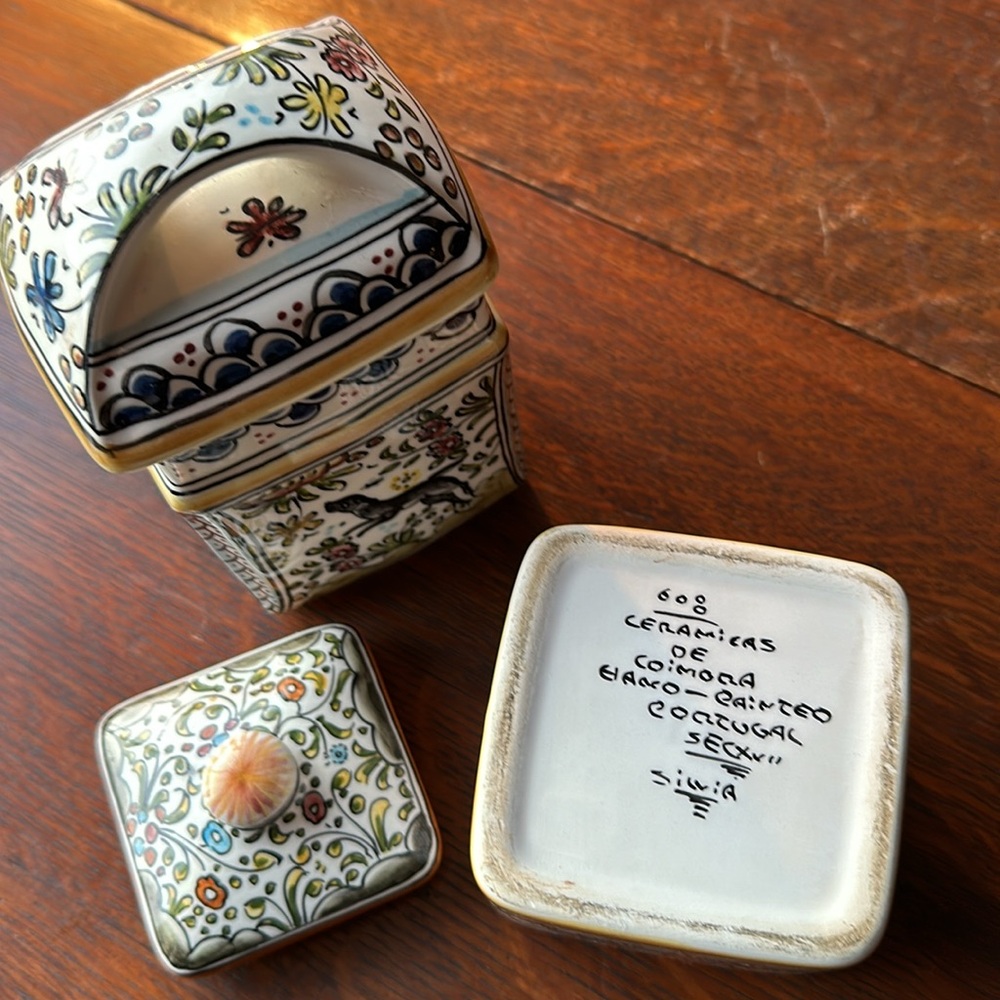 🇵🇹Ceramicas De Coimbra 3.5 wide x 5” H Square hand painted jar/lid Portugal - Picture 9 of 16